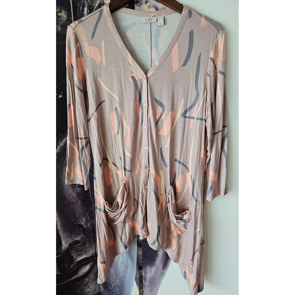 LOGO by Lori Goldstein Printed Button Front Sharkbite Hem Cardigan Sweater‎ S